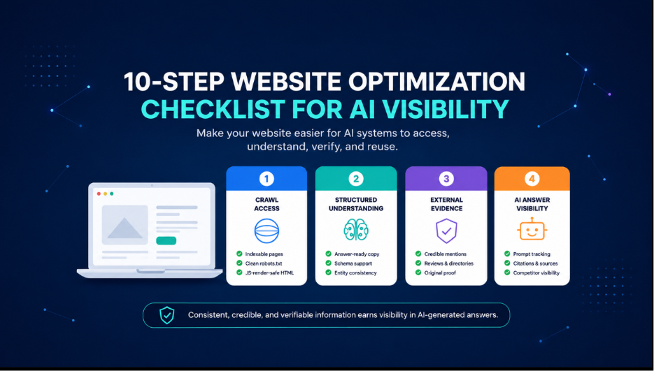 Website optimization checklist for AI visibility showing crawlability, schema, citations, and AI answer tracking.