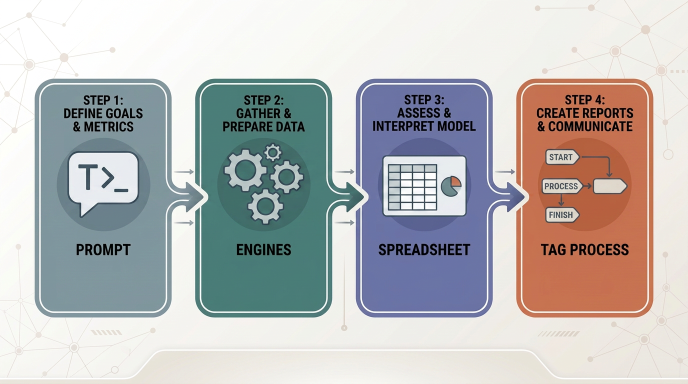 How to Run Your First AI Visibility Audit Without a Platform 1 4-step manual AI visibility workflow with steps for goal setting, data collection, assessment, and reporting